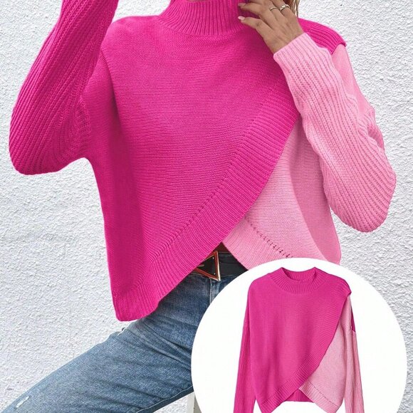 Multicolor Casual Patchwork Women's Long Sleeve Stand Collar Pullover Sweater - Picture 7 of 7